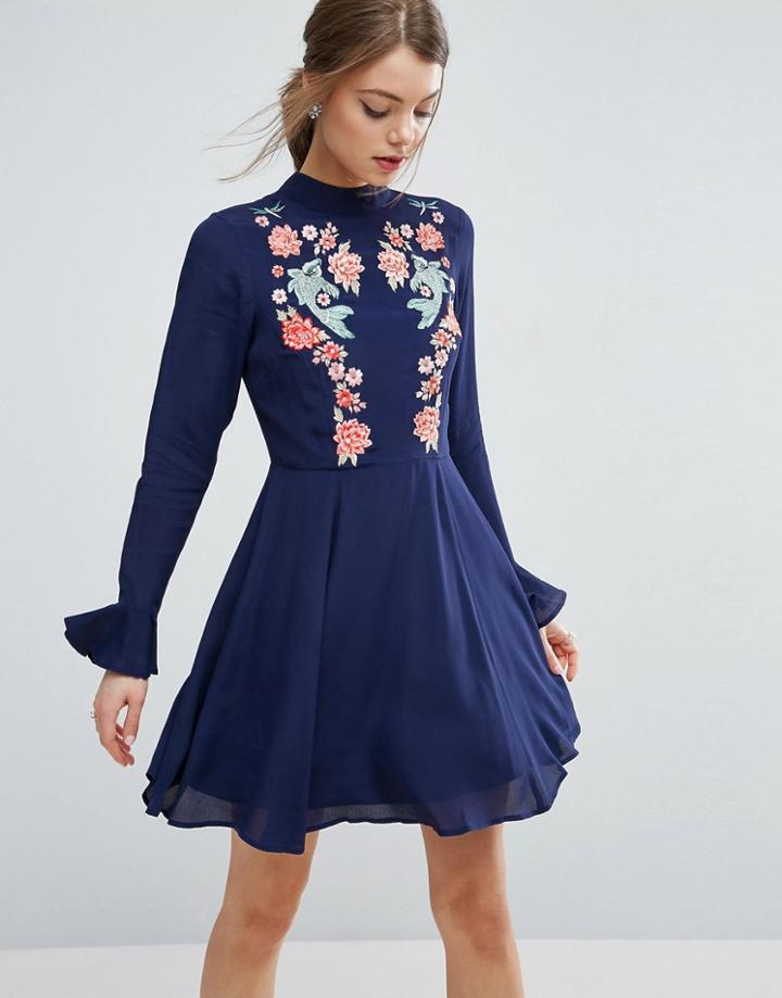 Asos Embroidered Trumpet Sleeve Mini Dress - Navy