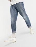 Asos Design Straight Crop Jeans In Mid Blue Japanese Wash With Abrasion-blues
