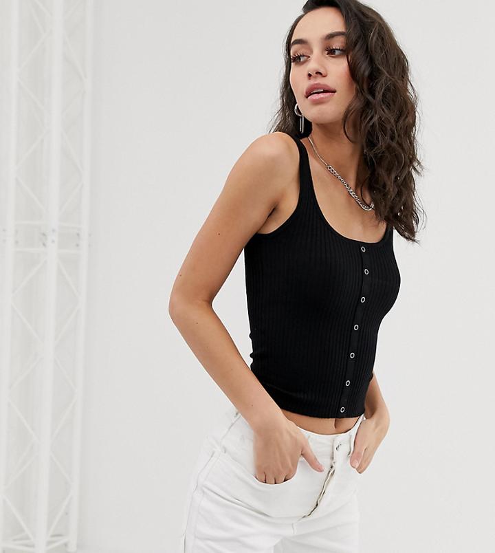 Bershka Popper Detail Ribbed Tank In Black - Black