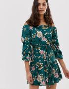Parisian Off Shoulder Floral Print Dress With Self Tie Belt - Blue