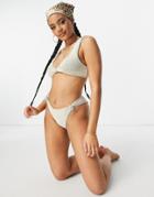 Asos Design Mix And Match Crinkle Knot Detail High Leg Bikini Bottom In Natural Tones-neutral