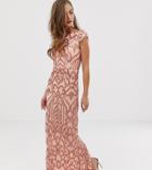 Bariano Embellished Patterned Sequin Maxi Dress With Cap Sleeve In Rose Gold