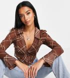 Asos Design Petite Sheer Cropped Shirt With V Neck In Brown Abstract Check-multi