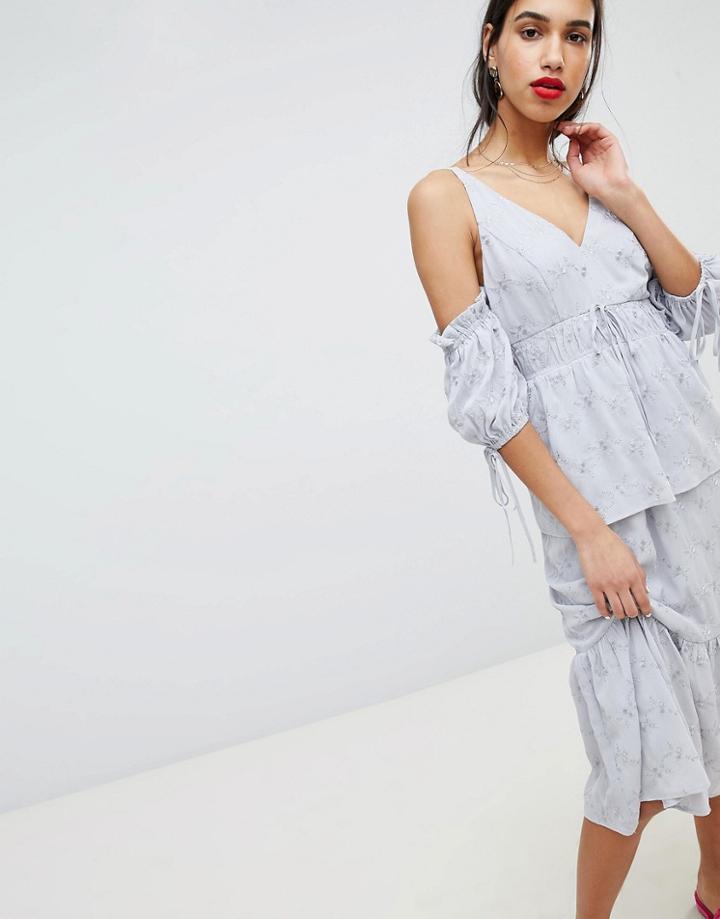 Lost Ink Midi Dress With Embroidered Puff Sleeves - Gray