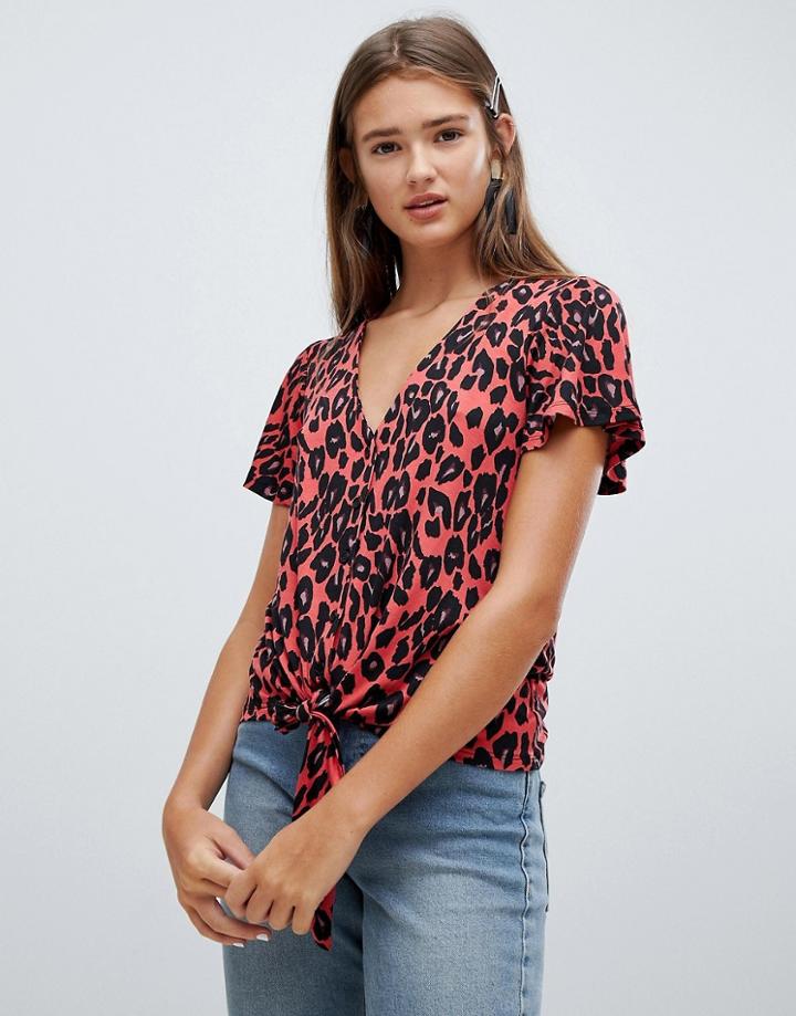 New Look Leopard Tie Front Tee - Red