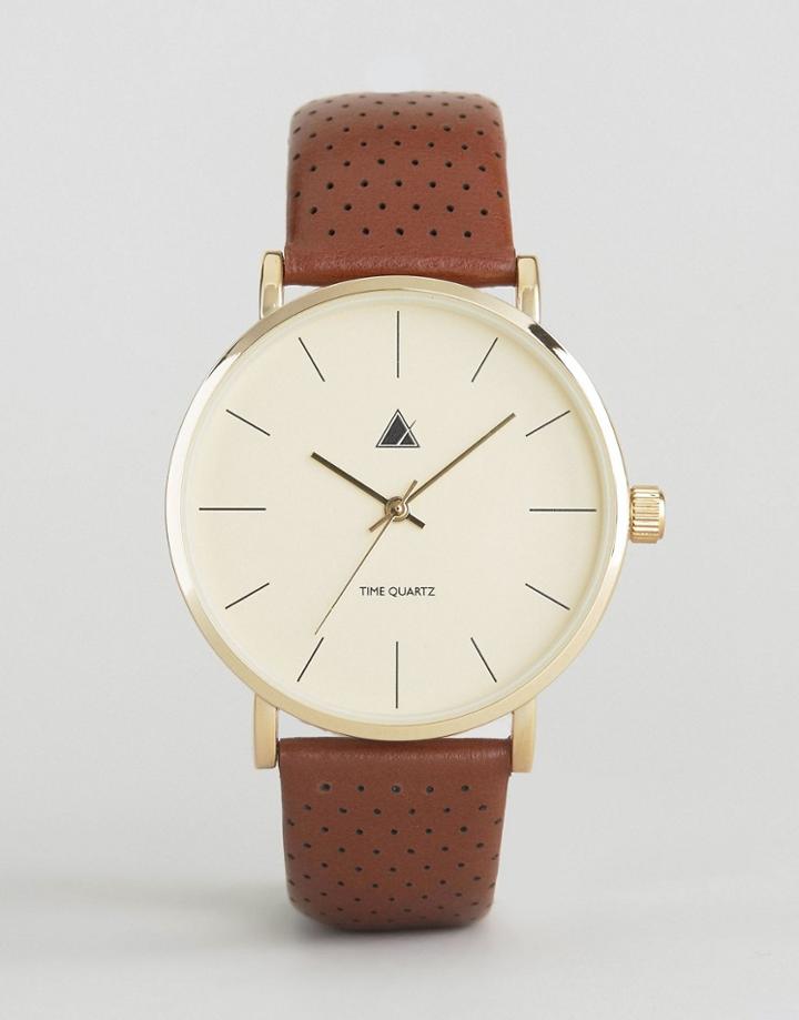 Asos Leather Watch With Perforated Strap - Brown