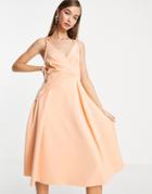 Asos Design Spaghetti Strap Wrap Tuck Midi Skater Dress In Apricot Pink-multi