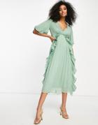 Asos Design Wrap Front Ruffle Micro Pleat Midi Dress In Sage Green