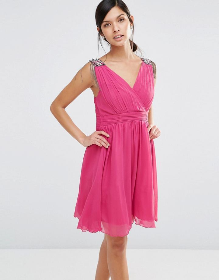 Little Mistress Skater Dress With Embellished Shoulder Detail - Pink