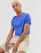 Asos Design Organic Cropped Crew Neck T-shirt With Roll Sleeve In Blue - Blue