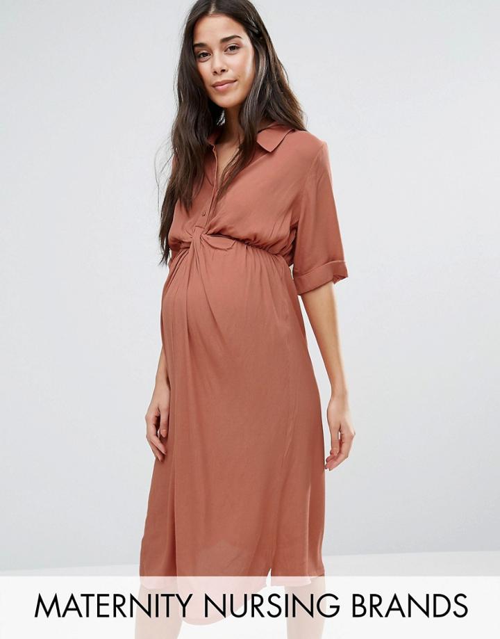 Mama. Licious Short Sleeve Button Up Tea Dress With Collar - Brown