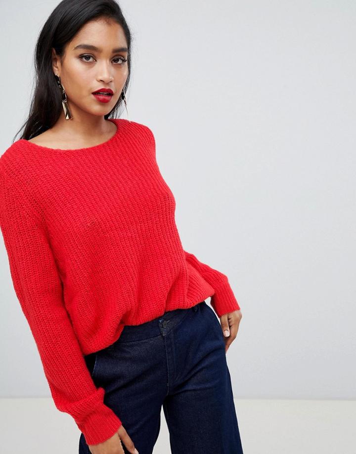 Vila Balloon Sleeve Rib Sweater - Red