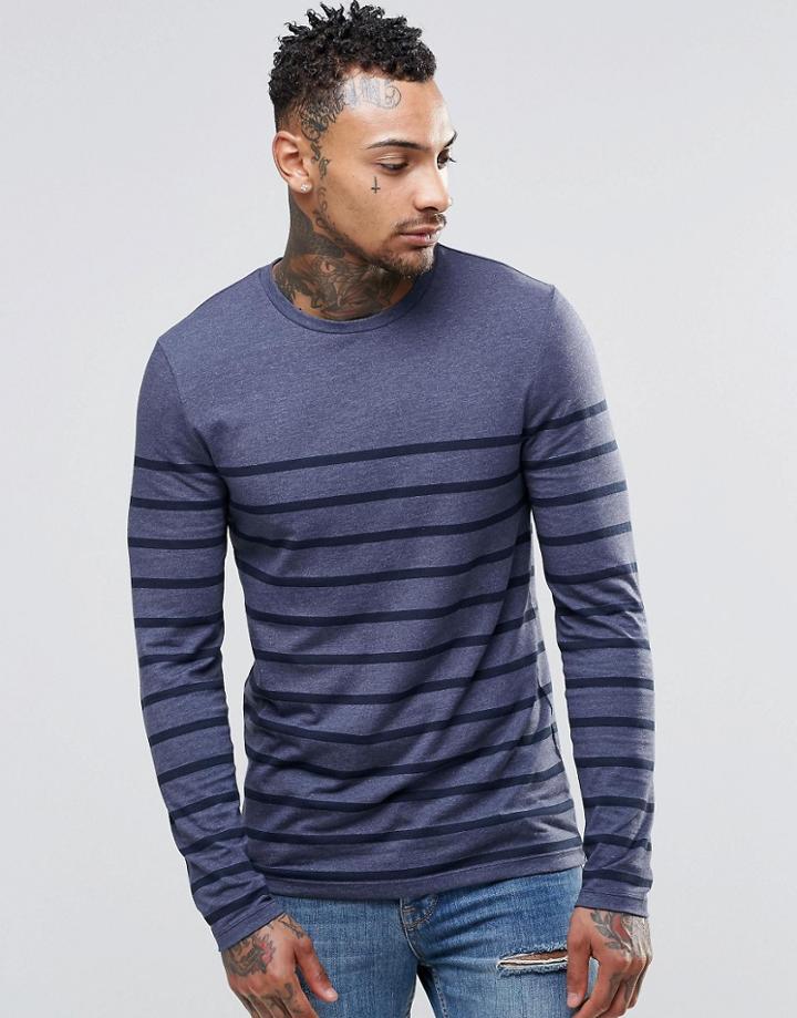 Asos Muscle Stripe Long Sleeve T-shirt - Navy