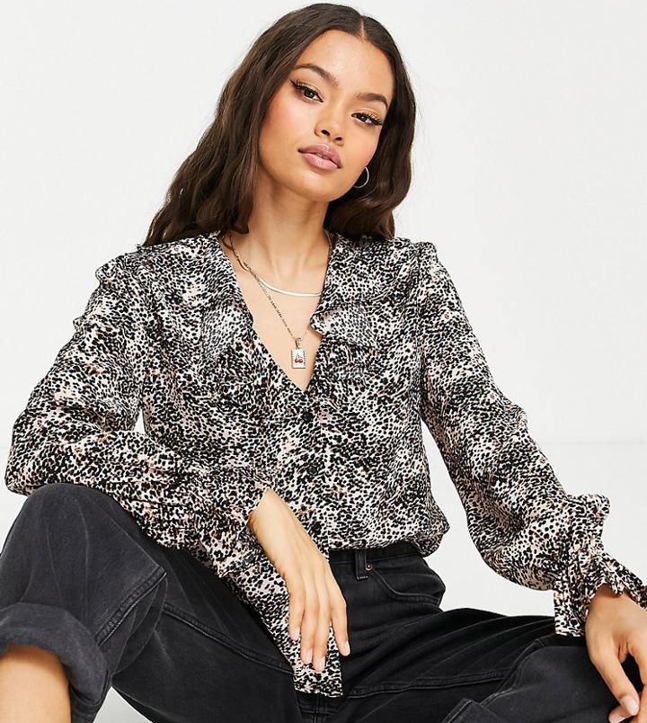 Topshop Petite Animal Ruffle Long Sleeve Blouse-multi