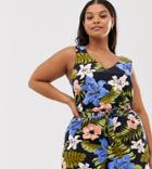 Vero Moda Curve Tropical Linen Print Romper-navy