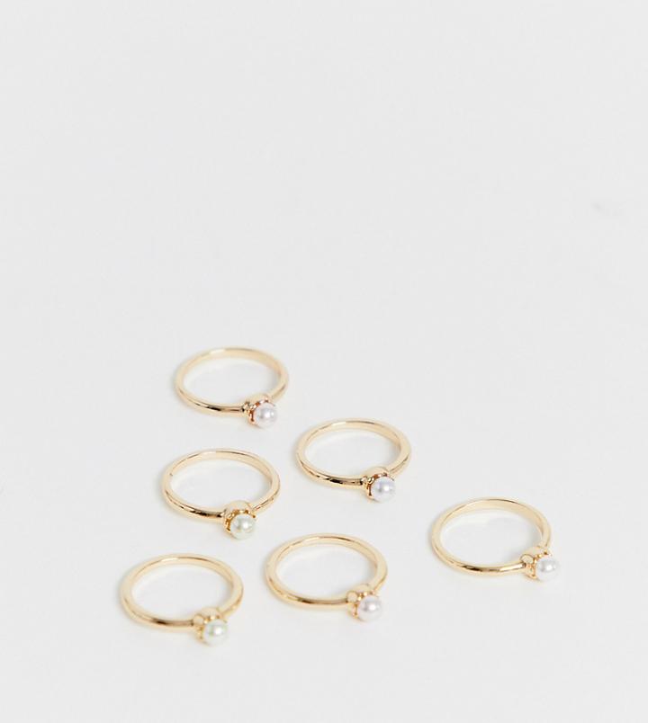 Asos Design Curve Pack Of 6 Rings With Color Pearls In Gold Tone
