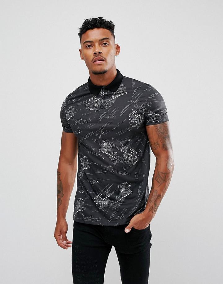 Asos Polo With All Over Koi Carp Print - Black