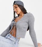 Missguided Tall Tie Front Rib Cardigan In Gray-grey