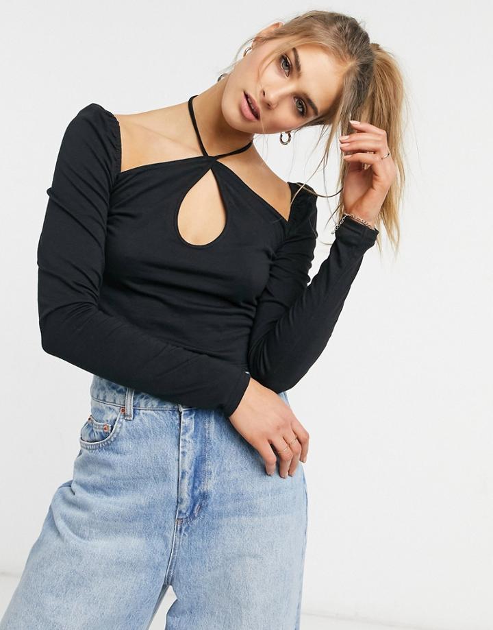 Asos Design Halter Detail Long Sleeve Top In Black