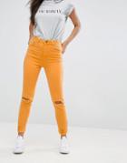 Asos Farleigh High Waist Slim Mom Jeans In Orange With Busted Knees - Orange