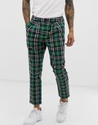 Asos Design Cigarette Pants With Pleats In Green Plaid - Green