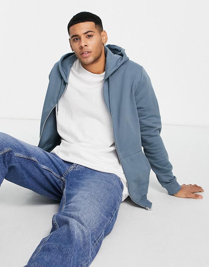 Asos Design Zip Up Hoodie In Blue-gray