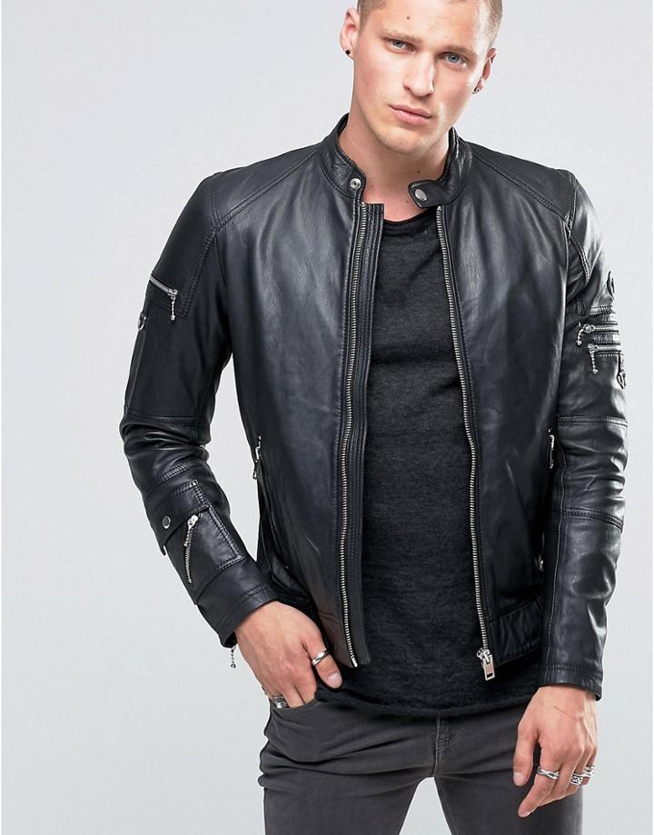 Diesel L-sound Leather Biker Jacket Vintage Finish - Black