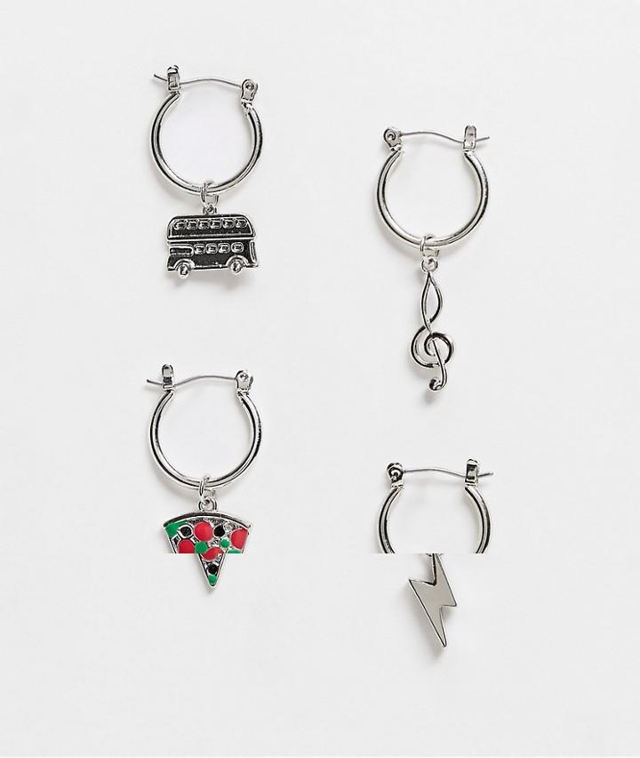 Asos Design 4 Pack 16mm Hoop Earring With Random Charms In Silver Tone