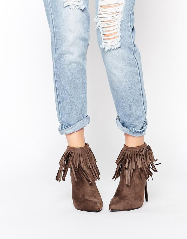 Missguided Fringe Detail Heel Ankle Boot - Gray