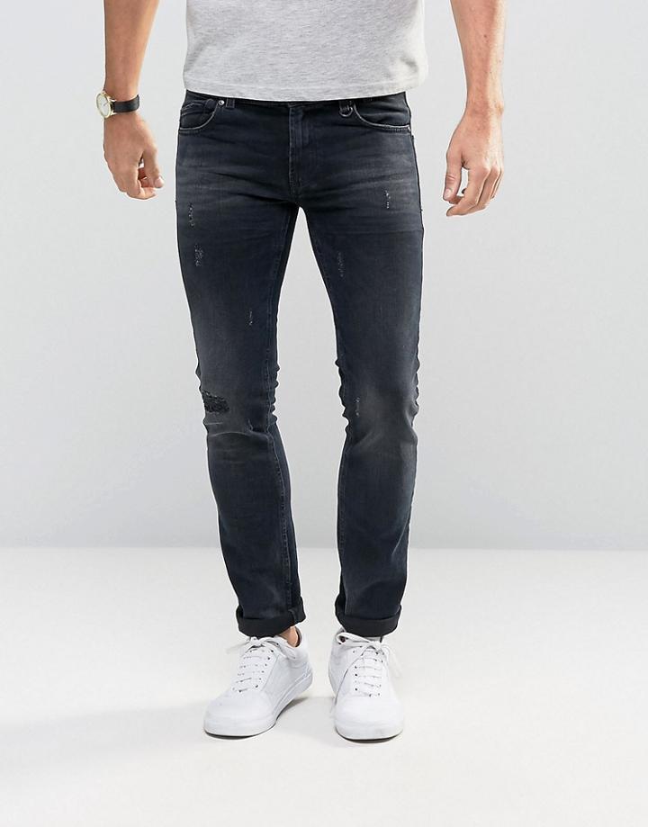 Sisley Jeans In Slim Fit With Distressed Detail - Blue