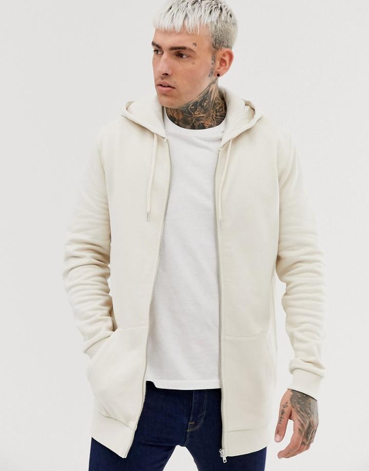 Asos Design Longline Zip Up Hoodie In Beige - Beige