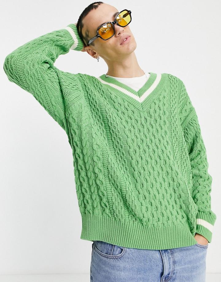 Asos Design Oversized Cable Knit V Neck Sweater With Tipping In Bright Green-blues