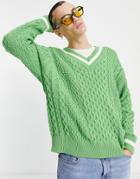 Asos Design Oversized Cable Knit V Neck Sweater With Tipping In Bright Green-blues