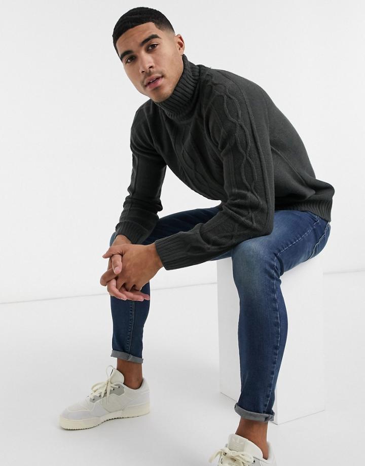 Another Influence Turtle Neck Cable Sweater In Charcoal-grey