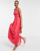 Little Mistress Bridesmaid Chiffon Maxi Dress With Pearl Embellishment In Coral-orange