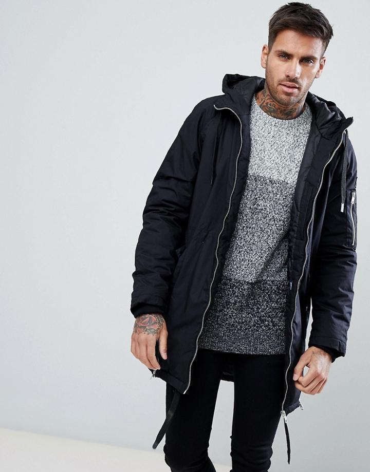 Bershka Hooded Parka In Black - Black