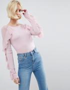 Asos Top In Crepe With Ruffle Mesh Cold Shoulder - Pink