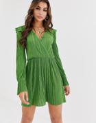 Asos Design Mini Wrap Front Plisse Tea Dress - Green