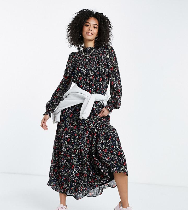 Asos Design Tall Shirred Bodice Maxi Dress In Botanical Floral Print-multi