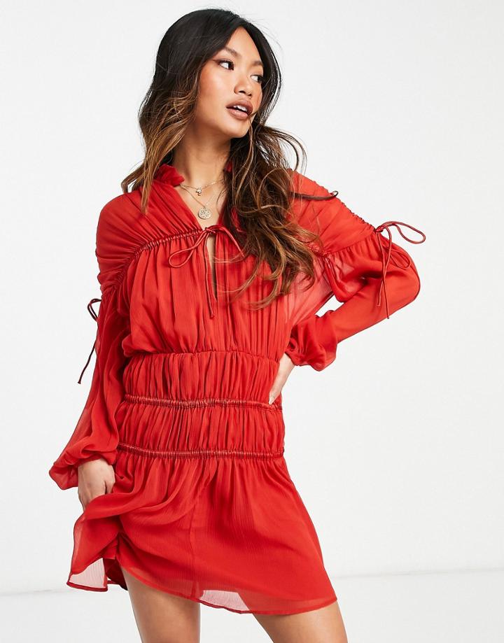Asos Design Tie Neck Mini Dress With Blouson Sleeve In Red-black