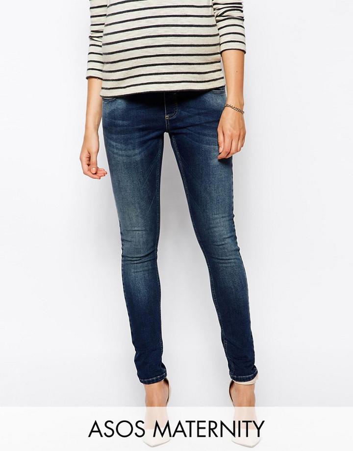 Asos Maternity Ridley Skinny Jean In Mid Wash With Over The Bump Waistband - Blue