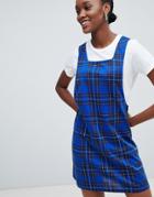 New Look Check Button Side Pinny Dress - Blue