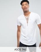 Asos Tall Longline T-shirt With Deep Lace Up Neck And Curve Hem - White