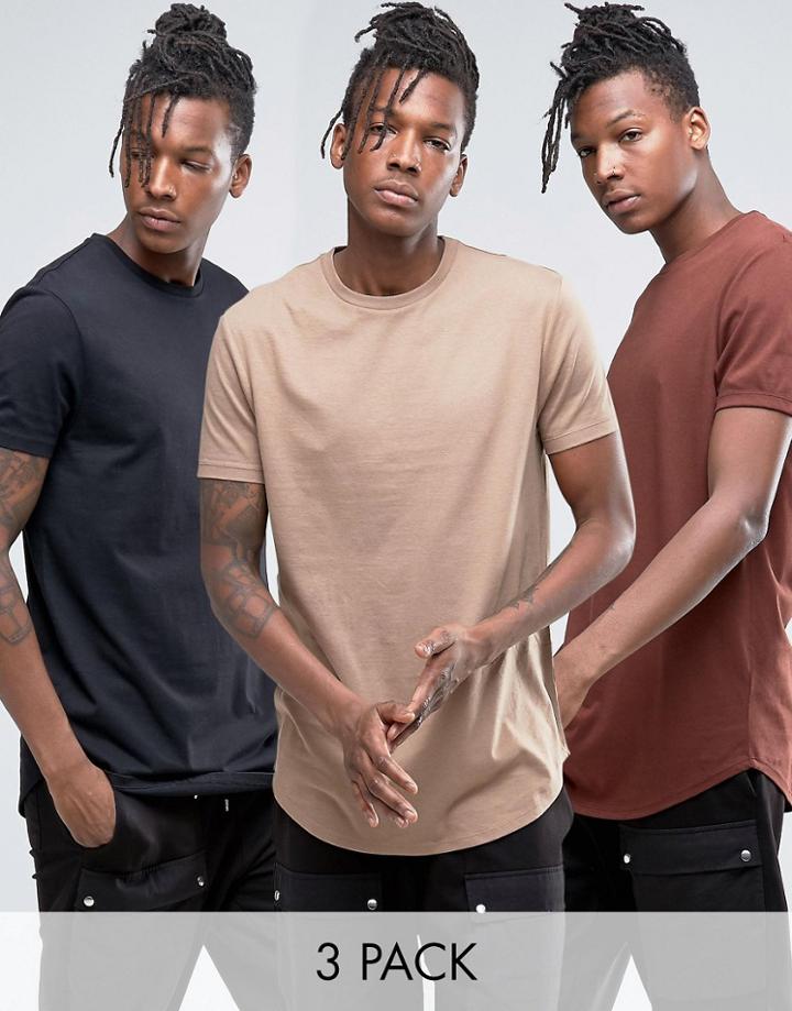 Asos 3 Pack Longline T-shirt With Curved Hem In Black/chestnut/beige -