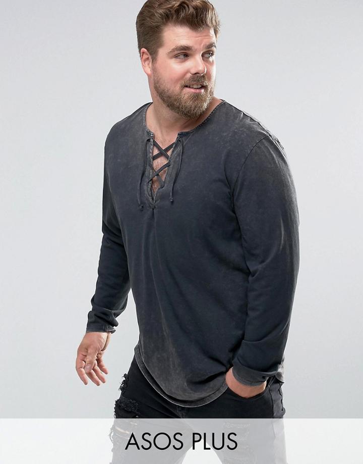 Asos Plus Longline Long-sleeve T-shirt With Acid Wash And Lace-up Neck - Gray