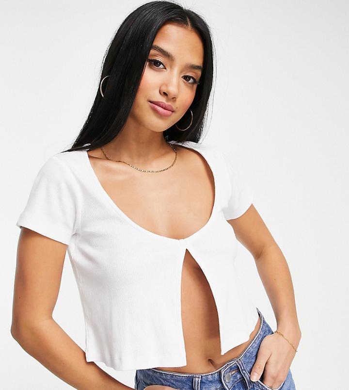 Asos Design Petite Top With Split Front In Rib In White