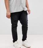 Asos Plus Tapered Jeans In 12.5oz In Washed Black With Heavy Rips - Black