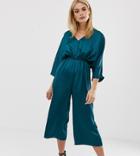 Missguided Tall Culotte Satin Ruched Waist Jumpsuit In Teal - Green