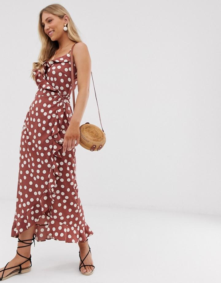 Vero Moda Polka Dot Wrap Maxi Dress With Ruffle Hem-multi