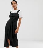 Fashion Union Petite Square Neck Button Front Midi Dress With Tie Waist-black